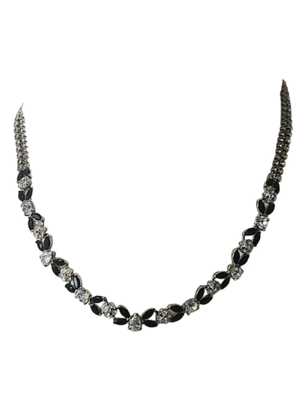 Vtg Monet Black Faceted & Clear Rhinestone Silver Tone Fancy Collar Necklace